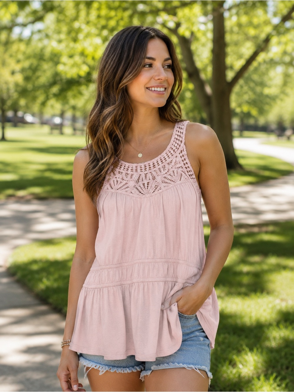 MAURICES Boho Light Pink Crochet Detail Tank Size XS